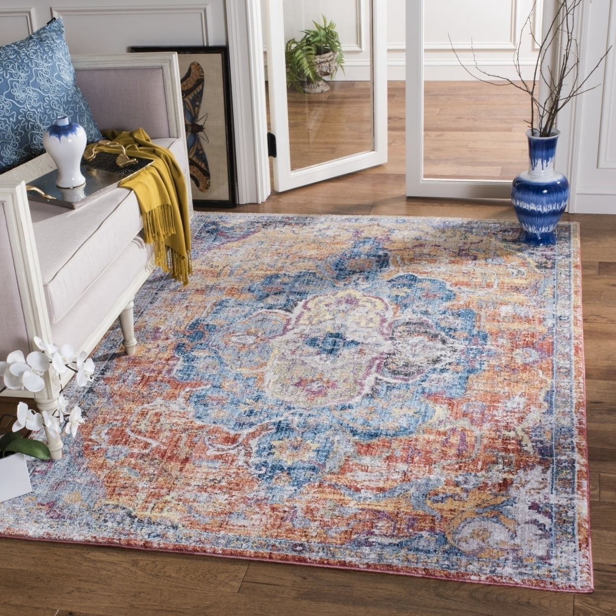 SAFAVIEH Bristol Waverly Oriental Polyester Area Rug, Blue/Orange, 7' x 7' Square