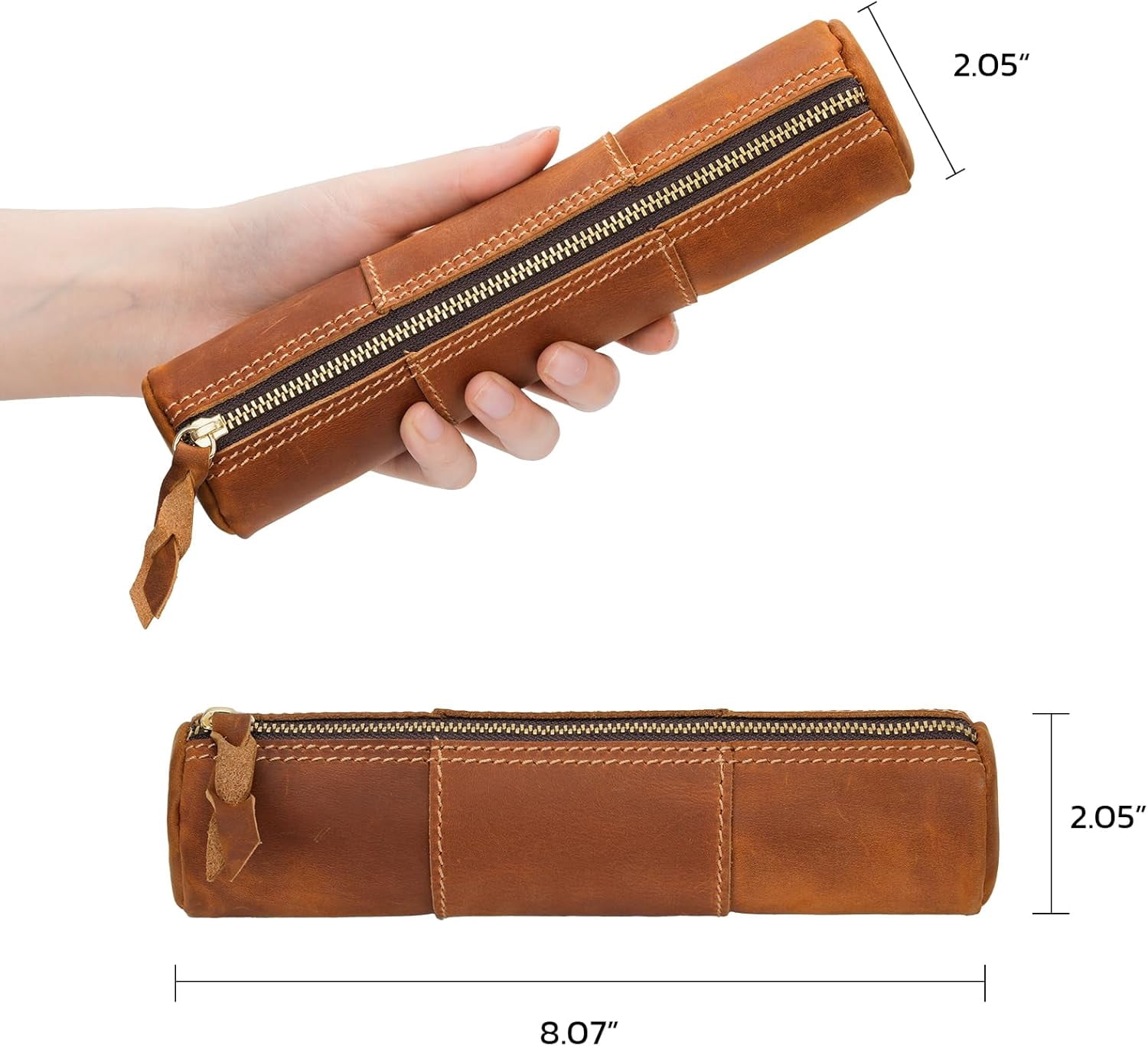 ABPETE Genuine Leather Pencil Case, Full-Grain Cowhide Leather Pouch, Small Pencil Pouch for Men, Vintage Pen Bag for Adults, Stationery Organizer Case for Work & Travel-Cylinder-Brown