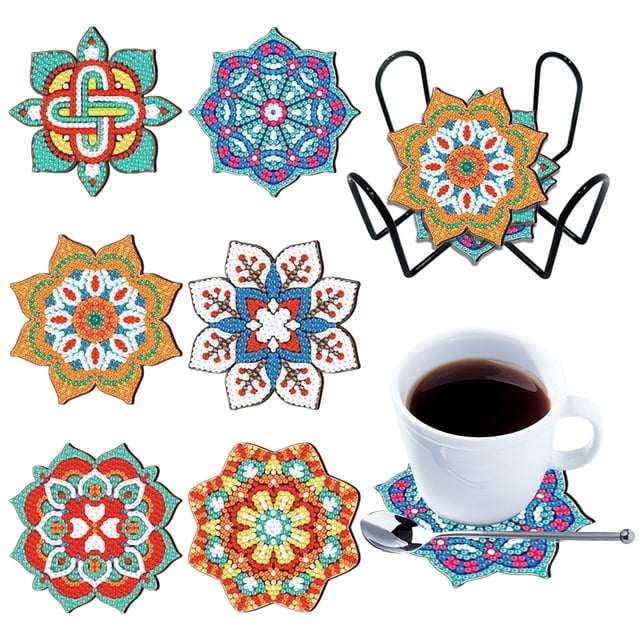 (BD603) Juego Posavasos Diamantes DIY Mandala (juego Posavasos 6 Piezas + 1 Estante Almacenamiento Sin Almohadilla Corcho)