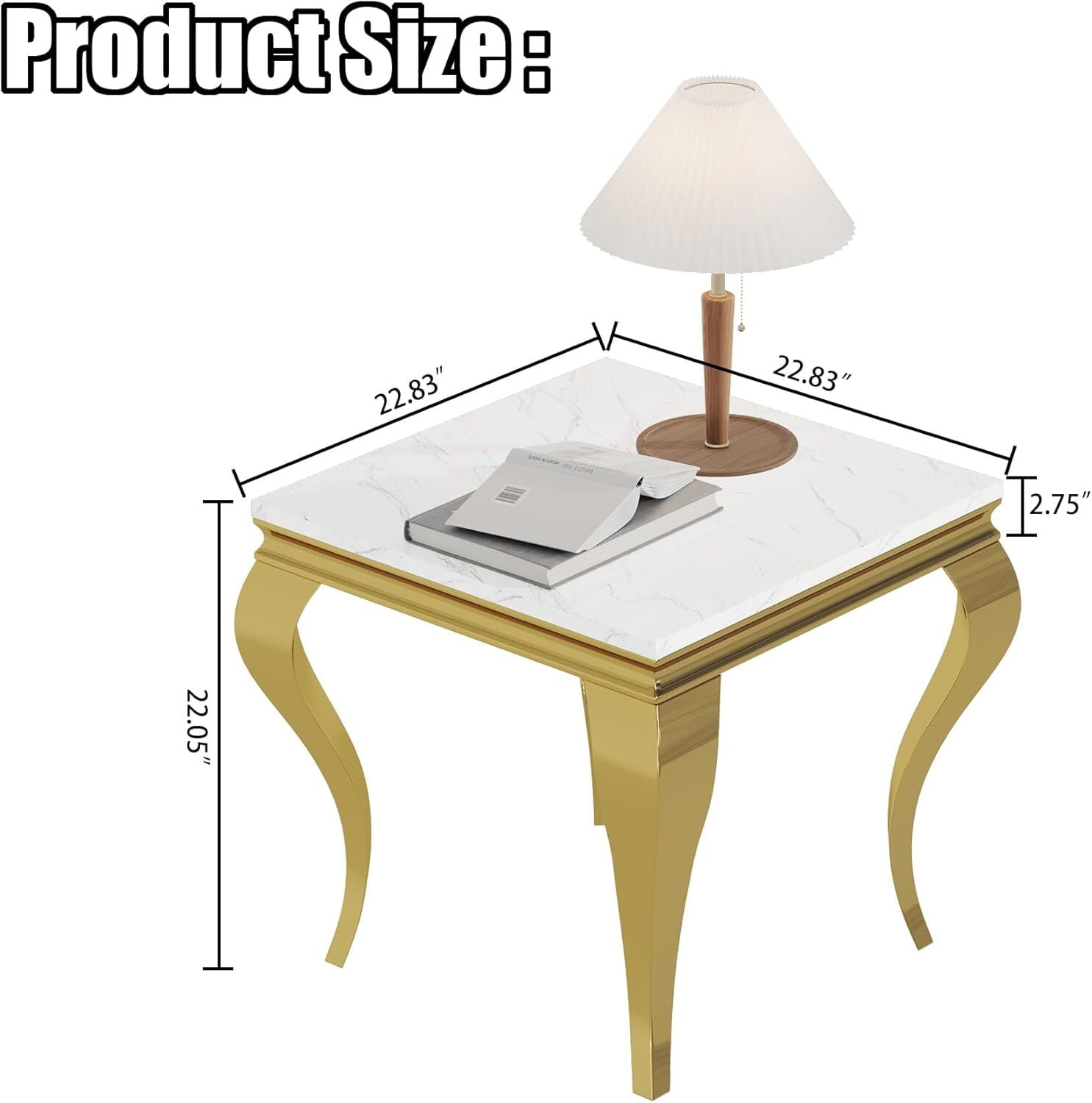 22.83" Square Faux Marble End Table, Marble-Patterned Top with Gold Mirrored Stainless Steel S-Shaped Legs, for Hallway, Living Room, Bedroom