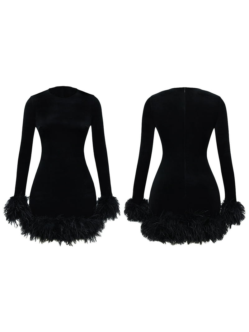 black dress white fur trim Women's Off Shoulder Long Sleeve Fur Trim A-Line Party Club Mini Dress main image 1