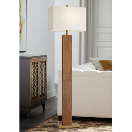 Possini Euro Design Walnut Grove Mid Century Modern 64" Tall Standing Floor Lamp Column with Dimmer Brown Solid Wood Walnut Finish