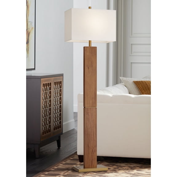 Possini Euro Design Walnut Grove Mid Century Modern 64" Tall Standing Floor Lamp Column with Dimmer Brown Solid Wood Walnut Finish