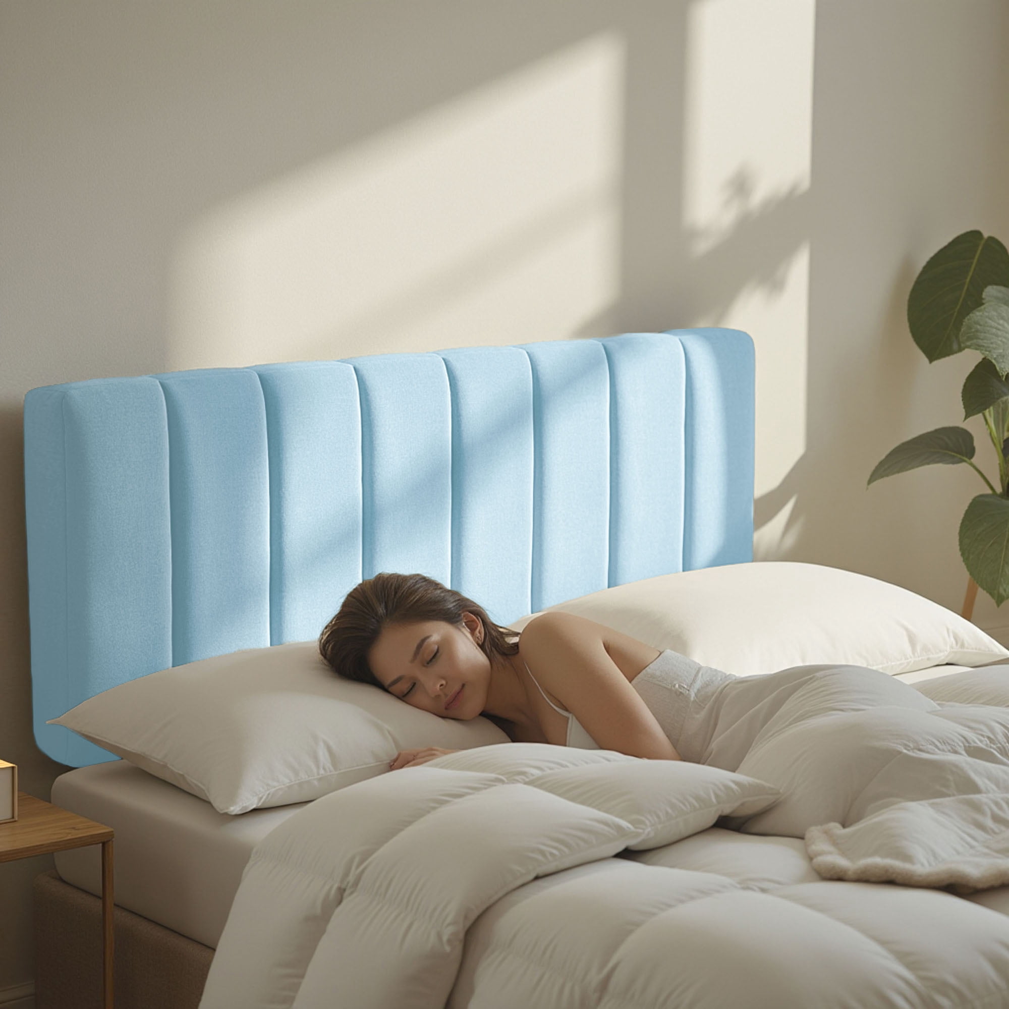 Virtu Upholstered Queen Headboard No Tools Required Peel and Stick Bed Headboard Only, Ice Blue