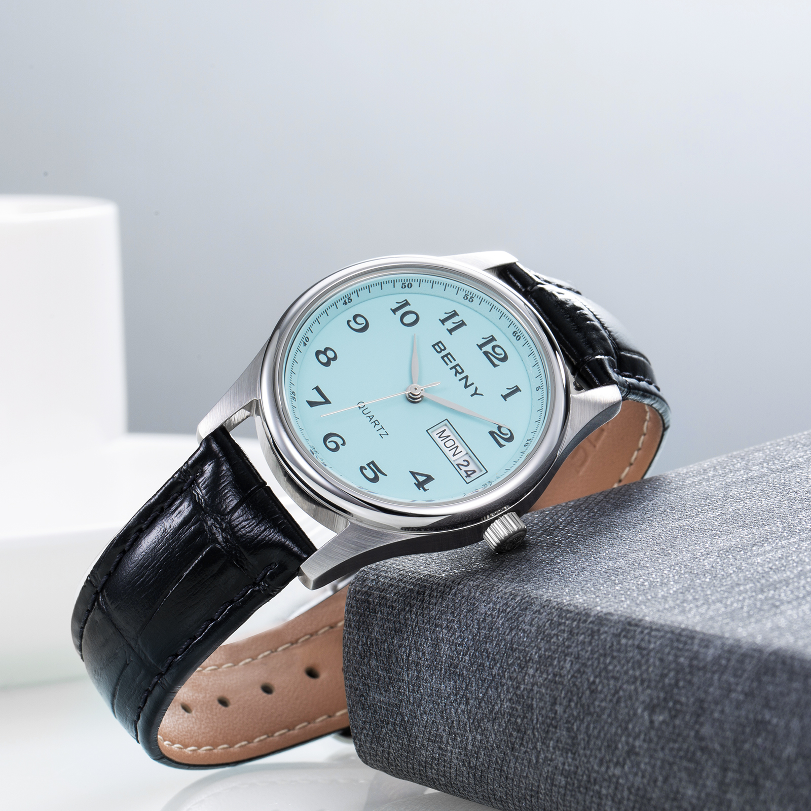 BERNY Quartz Watch for Women Classic Arabic Numerals Easy to Read Dress Womens Wrist Watch with Leather Strap, 3ATM Waterproof Day & Date Calendar Gift watch -Light Blue Dial