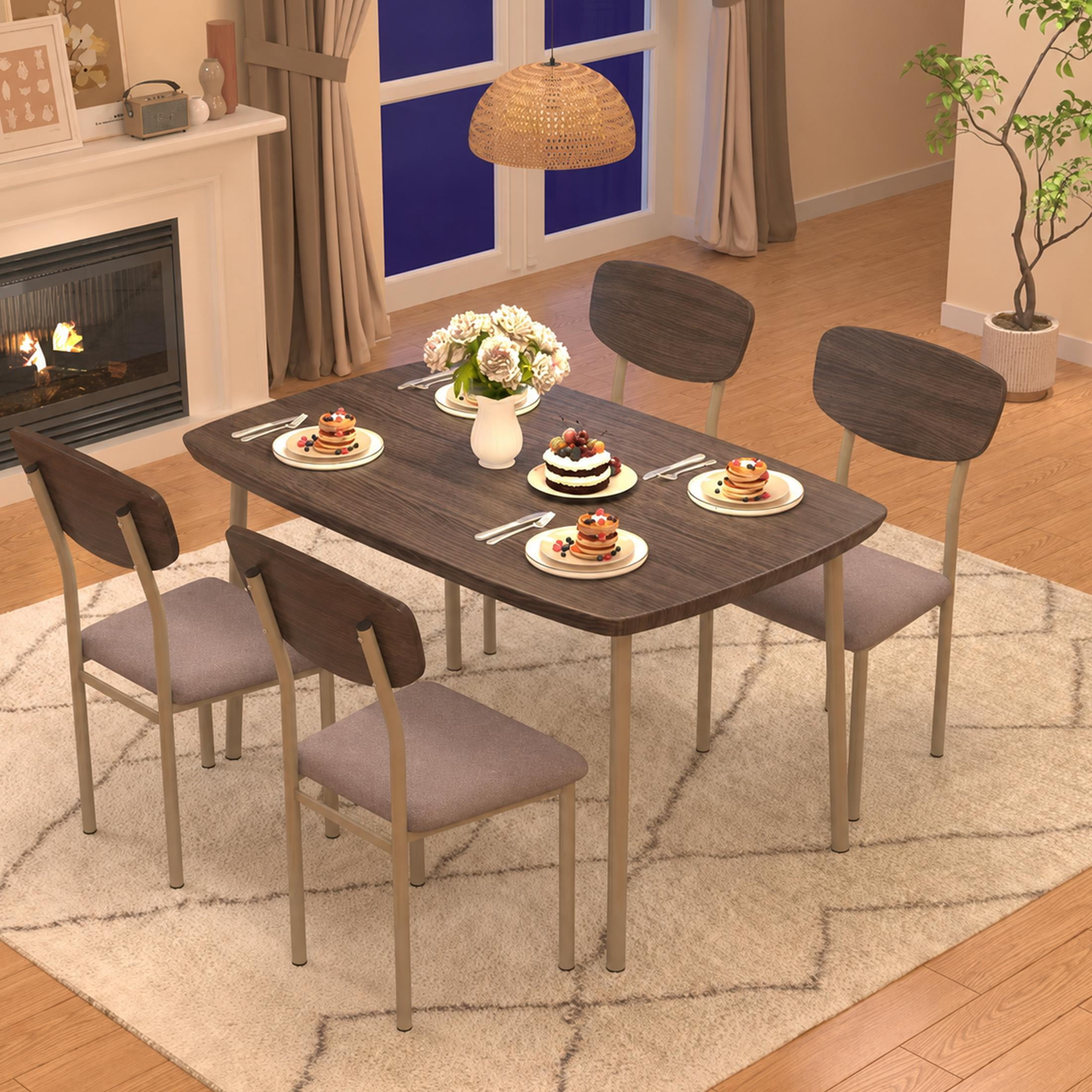 SESSLIFE 5 Pieces Dining Table Set, Modern Kitchen Wood Table and 4 Chairs for Breakfast Small Spaces, Walnut