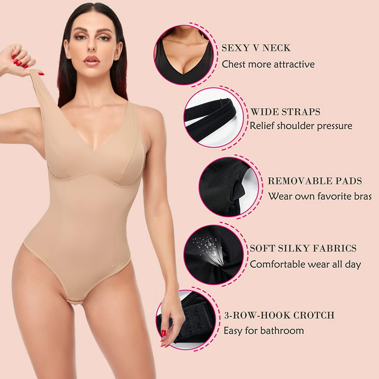 Bodysuit for Women Tummy Control Shapewear Seamless Thong Body Shaper, Sexy  V-Neck Body Suit (Color : Skin, Size : Small) : : Clothing, Shoes  & Accessories
