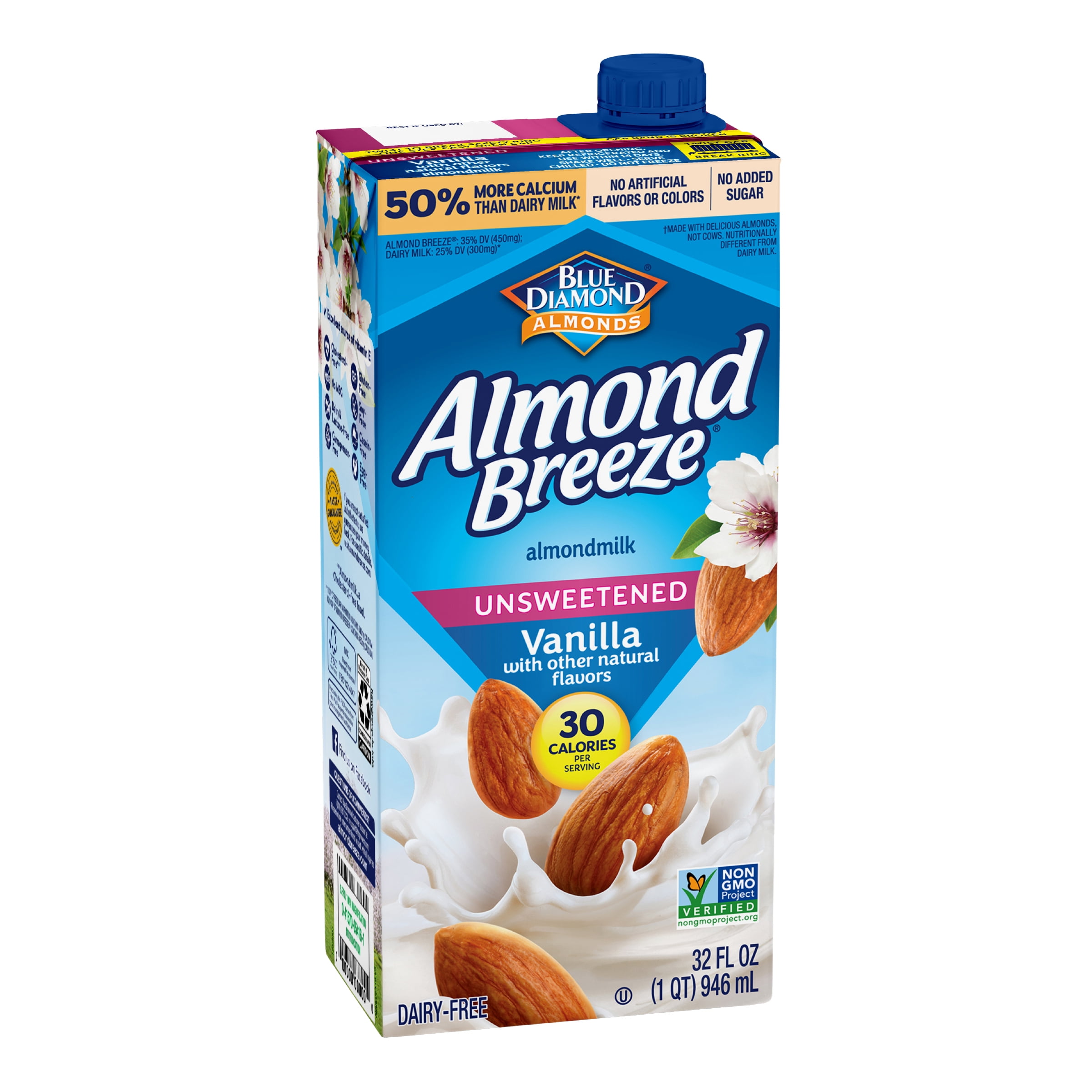 (4 pack) Almond Breeze Shelf-Stable Unsweetened Vanilla Dairy-Free Almondmilk, 32 oz