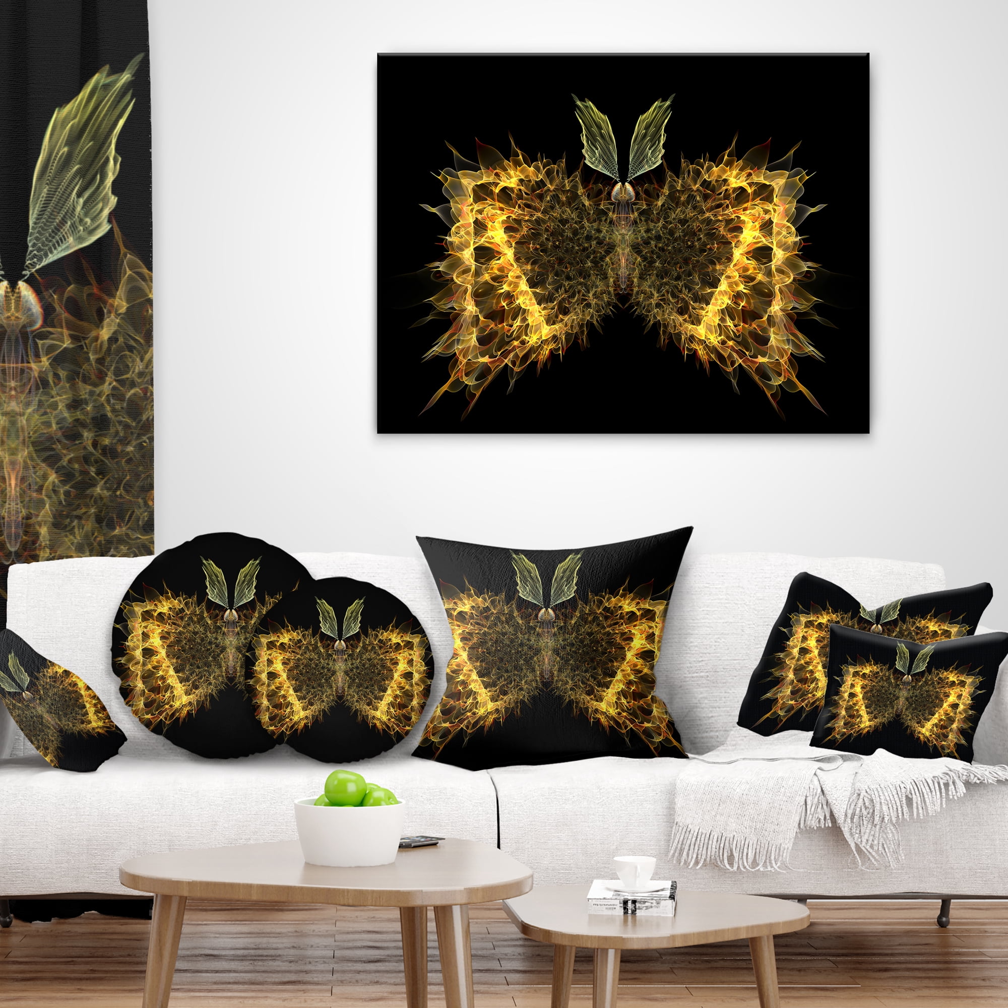 Designart Golden Fractal Butterfly in Dark - Abstract Throw Pillow - 12x20