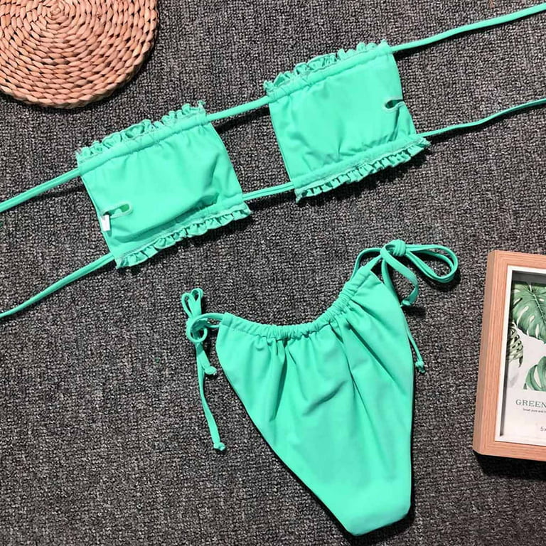 SHEIN Tropical Print Ruched Bandeau Push Up High Waisted Bikini Swimsuit