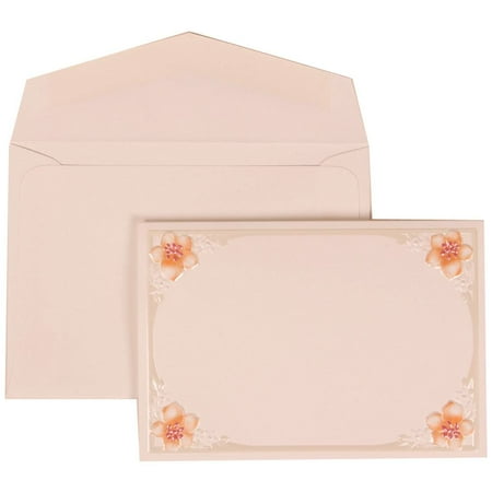 JAM Paper Wedding Invitation Set, Small, 3 3/8" x 4 3/4"- Pink Card with White Envelope Flower Accent Border, 100/pack