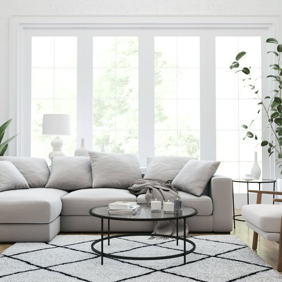 Merrick Lane Glass Coffee Table with Round Matte Black Frame and Vertical Legs