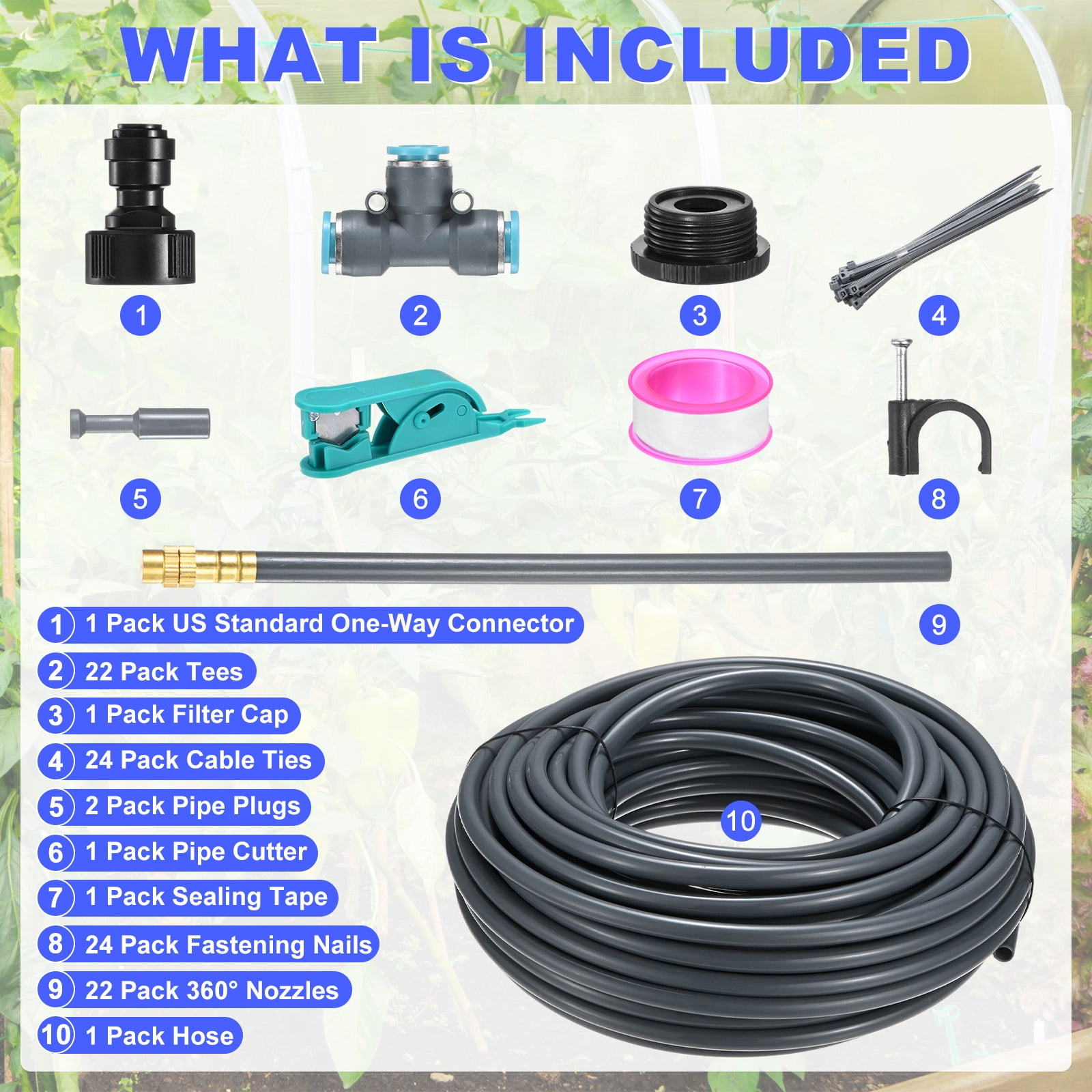 Uxcell 1-Set Drip Irrigation System, 66Ft 5/16" Hose Garden Watering Misting System with 22pcs 360° Adjustable Copper Nozzles