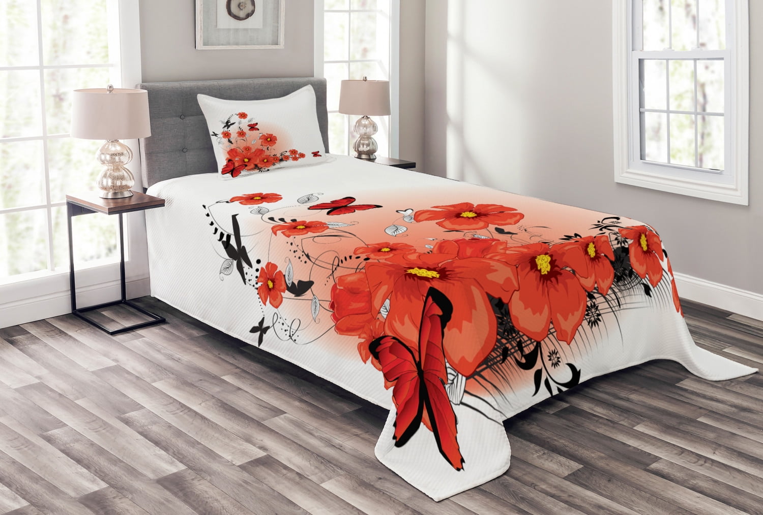 Poppy Bedspread Set Twin Size, Floral Flash Background with Butterflies ...