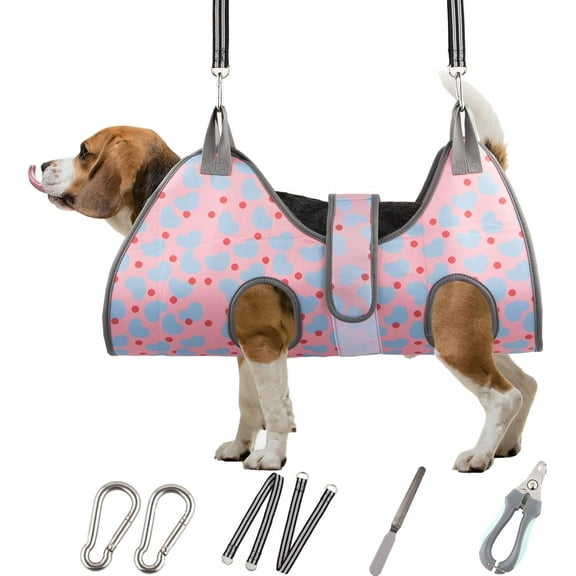 Dog Grooming Hammock for Medium Dogs - Nail Trimming Sling Harness with Clippers & File, Stress-Free Bathing & Grooming Holder for Pets Up to 55lbs (Pink, Mesh)