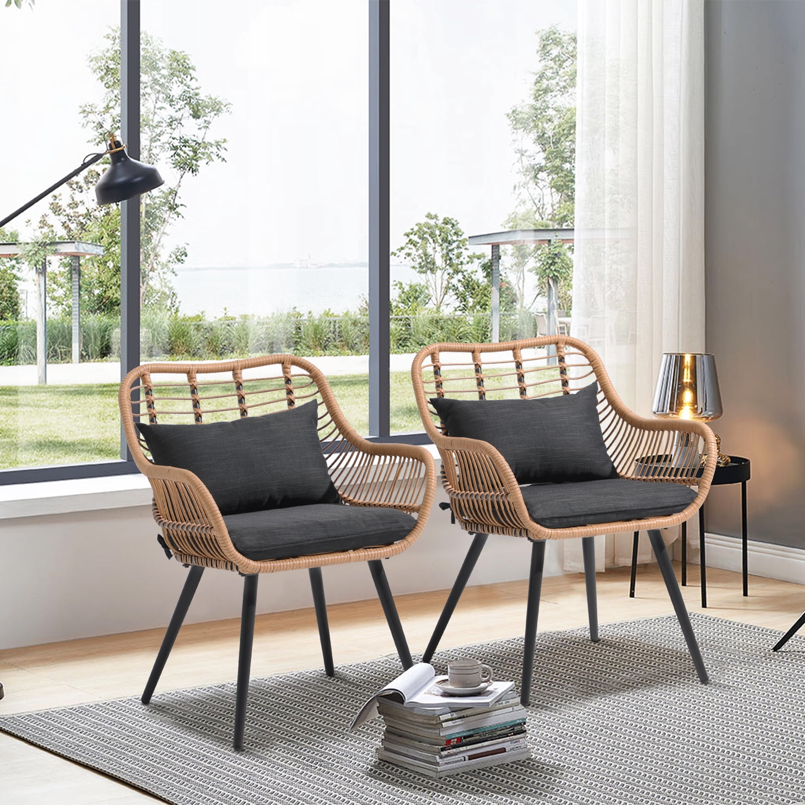 JOIVI All-Weather Outdoor Wicker Dining Chairs Set of 2, Patio Rattan Chairs with Cushions & Armrests, Outdoor Wicker Porch Chairs for Lawn, Balcony, Garden, Black