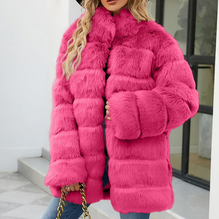 Fashion Pink Furry Coat Penkiiy Women's 2024 Winter Faux Fur