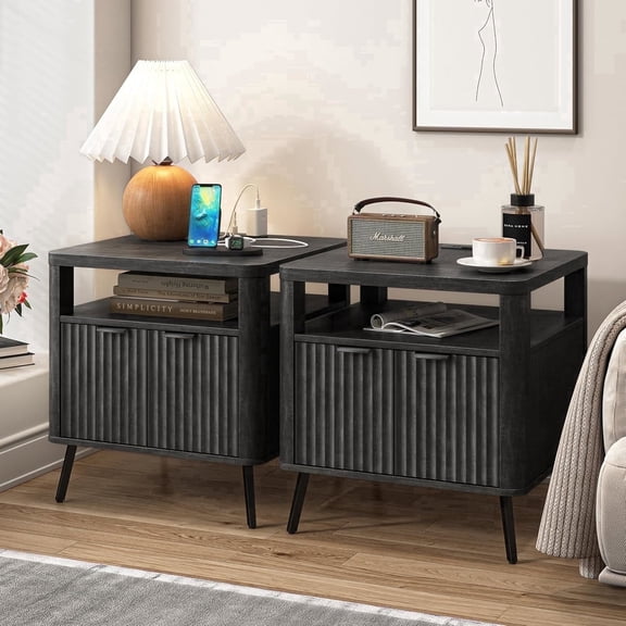Fatmok Nightstand with Charging Station, 24" Modern Fluted End Table with Drawer and Open Shelf, Wood Bedside Table for Bedroom or Living Room, Grey(Set of 2)