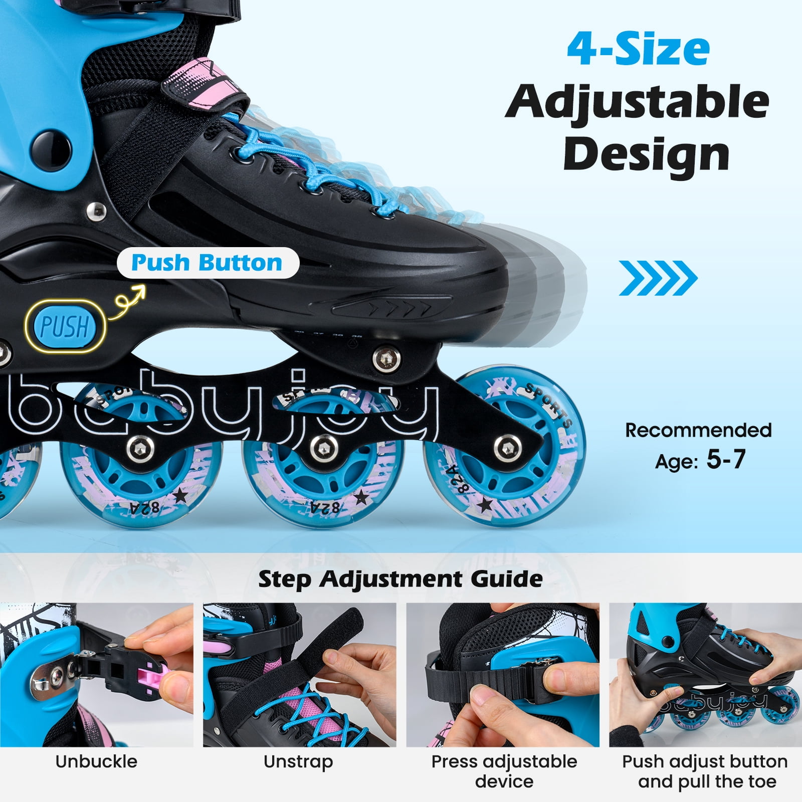 Babyjoy 4-Size Adjustable Light-Up Roller Skates with Illuminating Wheels & Safety Support Black