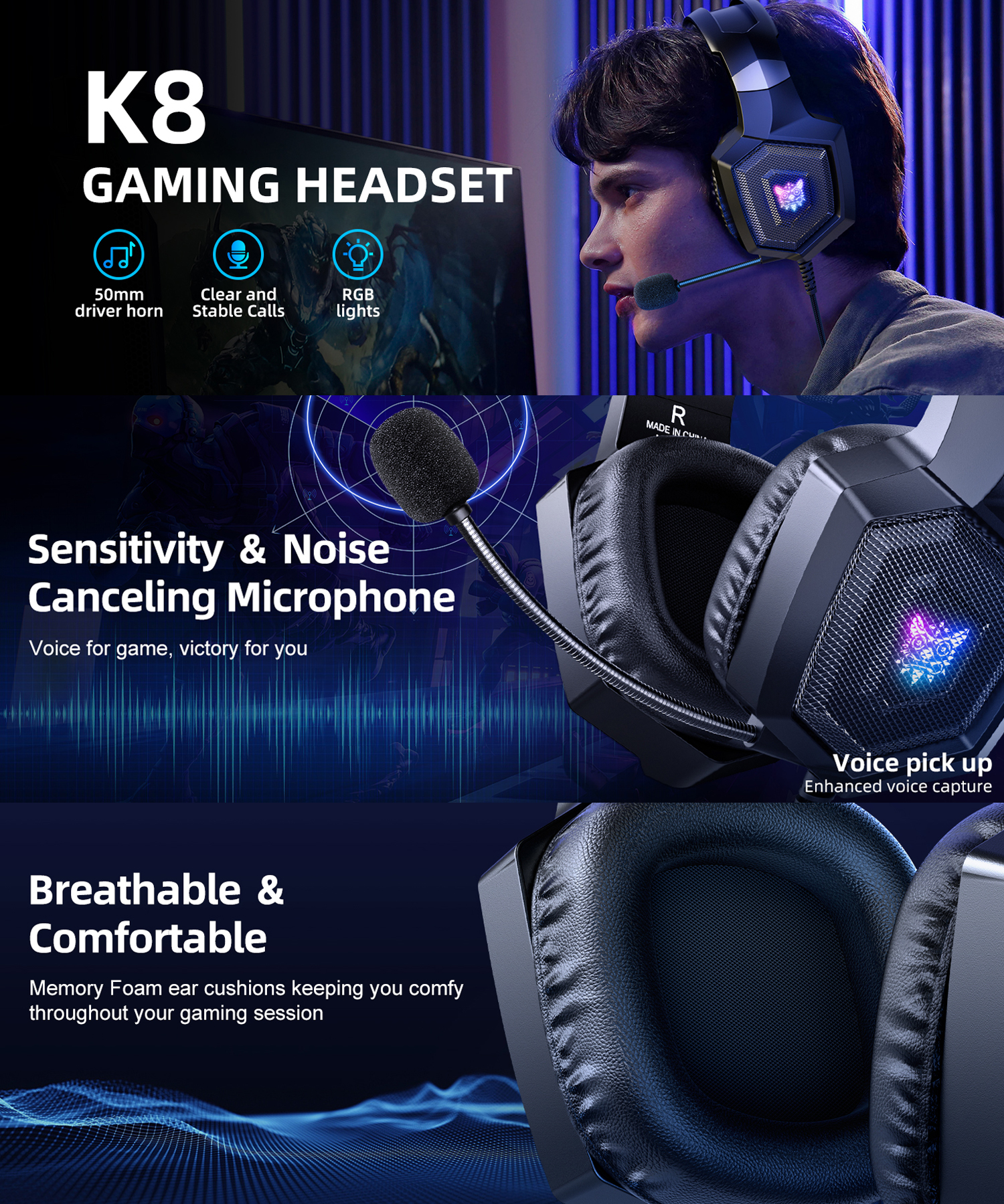 Onikuma K8 Wired Gaming Headset with 7.1 Surround Sound photo 2