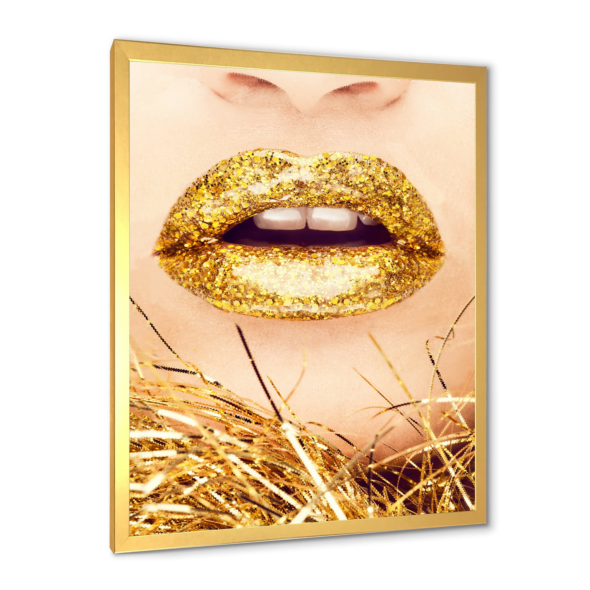 Designart 'Close-Up Of Golden Female Lips I' Modern Framed Art Print