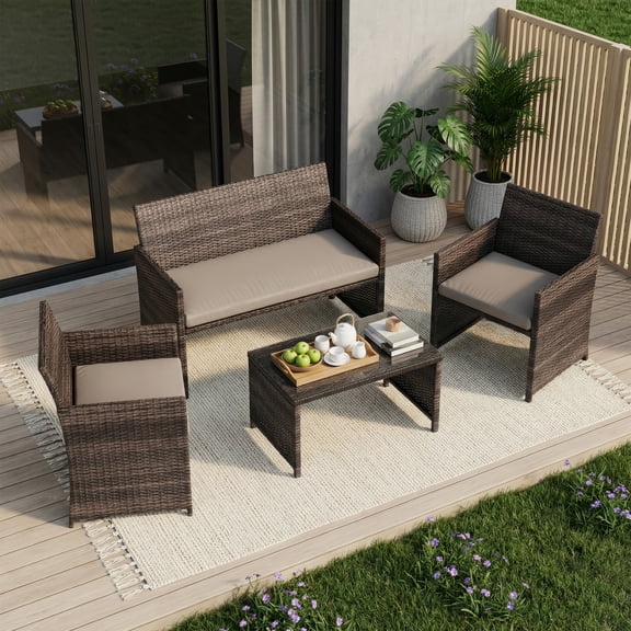 Huisuilinss 4-Piece Patio Furniture Set,PE Rattan Sectional Sofa With Cushions And Tempered Glass Table,All-Weather Wicker Outdoor Conversation Set For Patio Porch Backyard Garden
