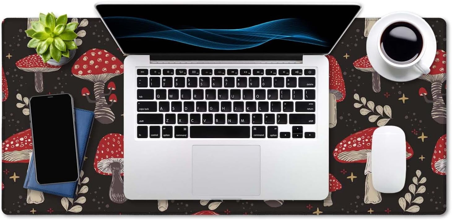 Cute Mushroom Pattern Desk Mat, Extended Mouse Pad, Large Gaming Mouse Pad 35.5" X 15.7", Waterproof Desk Mat Stitched Edges, Non-Slip Laptop Computer Keyboard Mousepad for Office and Home