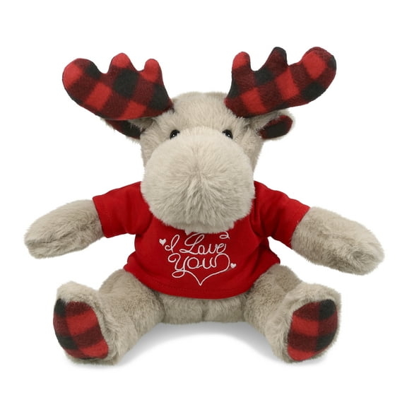 DolliBu I LOVE YOU Plaid Beige Moose Plush- Cute Moose Plush Stuffed Animal with I Love You Red Shirt For Valentine, Anniversary, Romantic Date, Boyfriend, or Girlfriend Gift - 10 inches