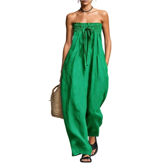 JULMCOMO Jumpsuits for Women Off Shoulder Sleeveless Summer Jumpsuits Tie Front Strapless Wide Leg Casual Baggy Overalls with Pockets Green S