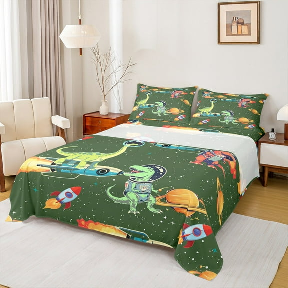 Feelyou Cute Green Dinosaur Twin Sheet Sets for Child, Outer Space Twin Fitted Sheet, Kawaii Animal Astronaut Flat Sheet, Ultra Soft Bedroom Decor, 3 Pieces