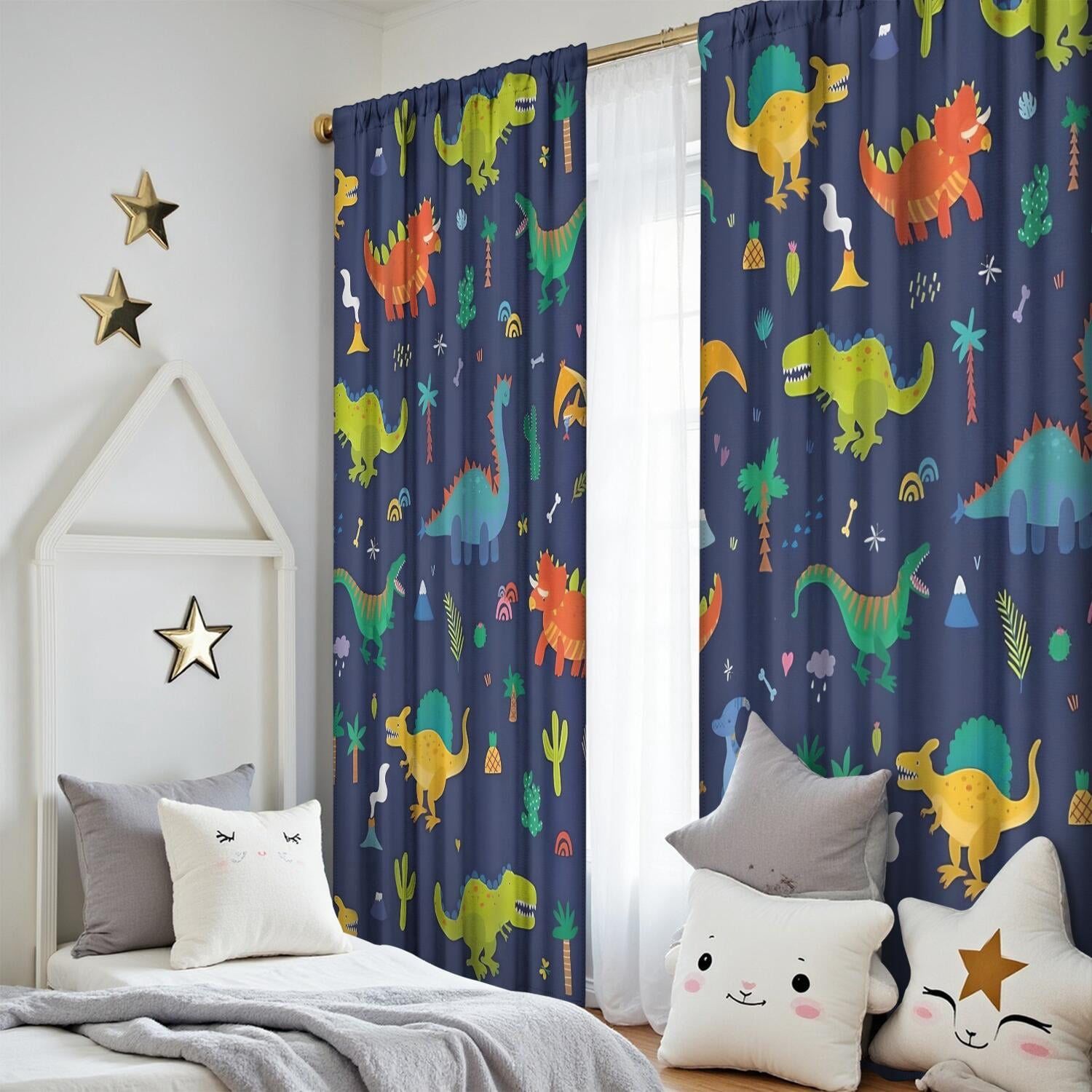 Dino Curtains for Boys Room, Kids Boys Cartoon Dinosaur Funny Colorful Safari Animals Blackout Window Drapery Treatments for Baby Kids Room Bedroom Living Room Nursery Fabric 2 Panels, 52x84 Inch
