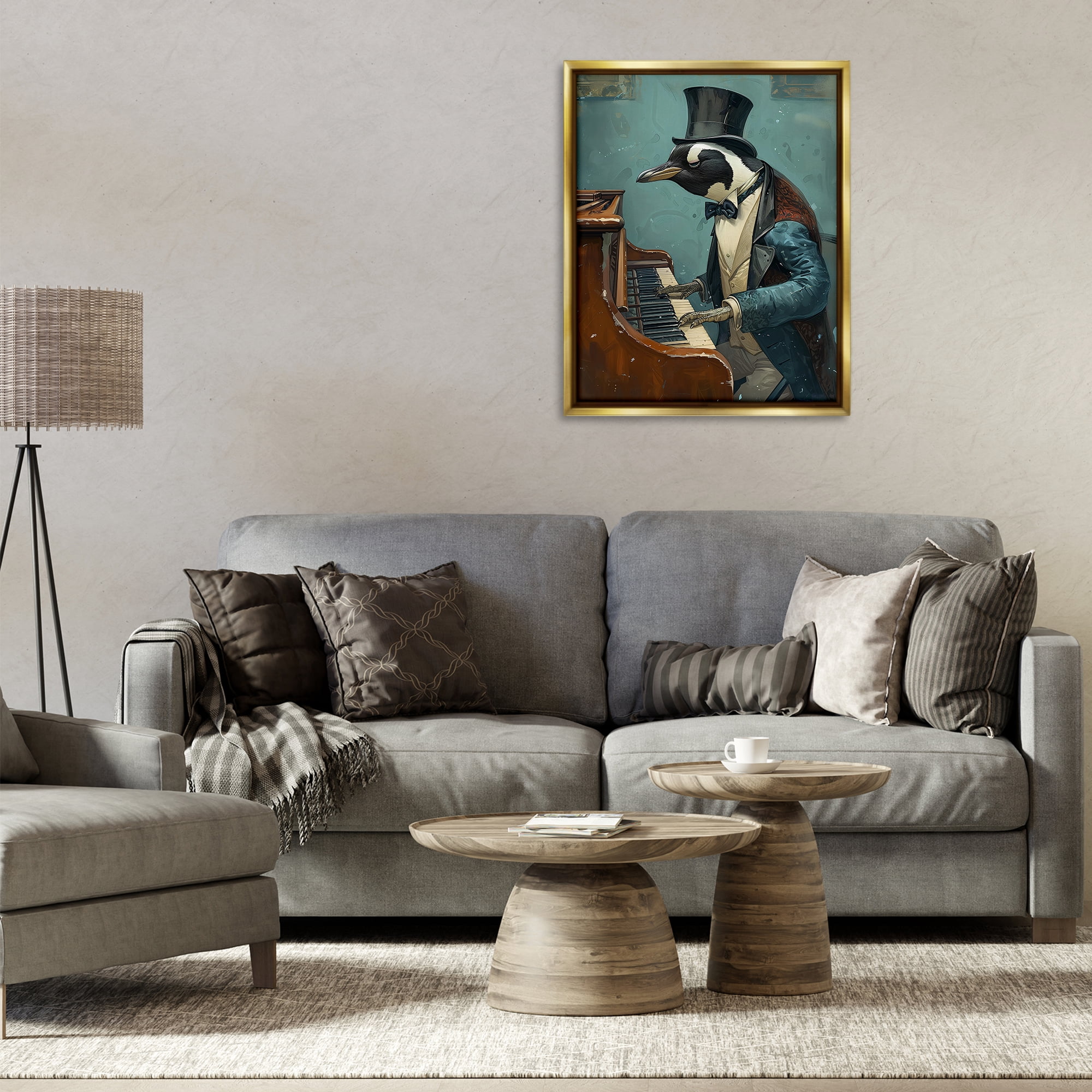 Stupell Industries Piano Playing Penguin Animals & Insects Painting Gold Floater Framed Canvas Art Print Wall Art, 25 x 31