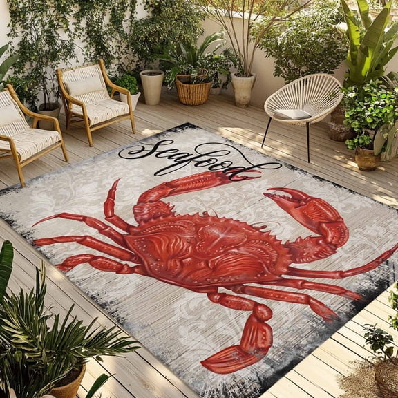 Crab Nautical Outdoor Rug for Patio/Deck/Porch, Non-Slip Large Area Rug 5 x 7 Ft, Coastal Ocean Summer Sea Vintage Art Indoor Outdoor Rugs Washable Area Rugs, Reversible Camping Rug Carpet Runner