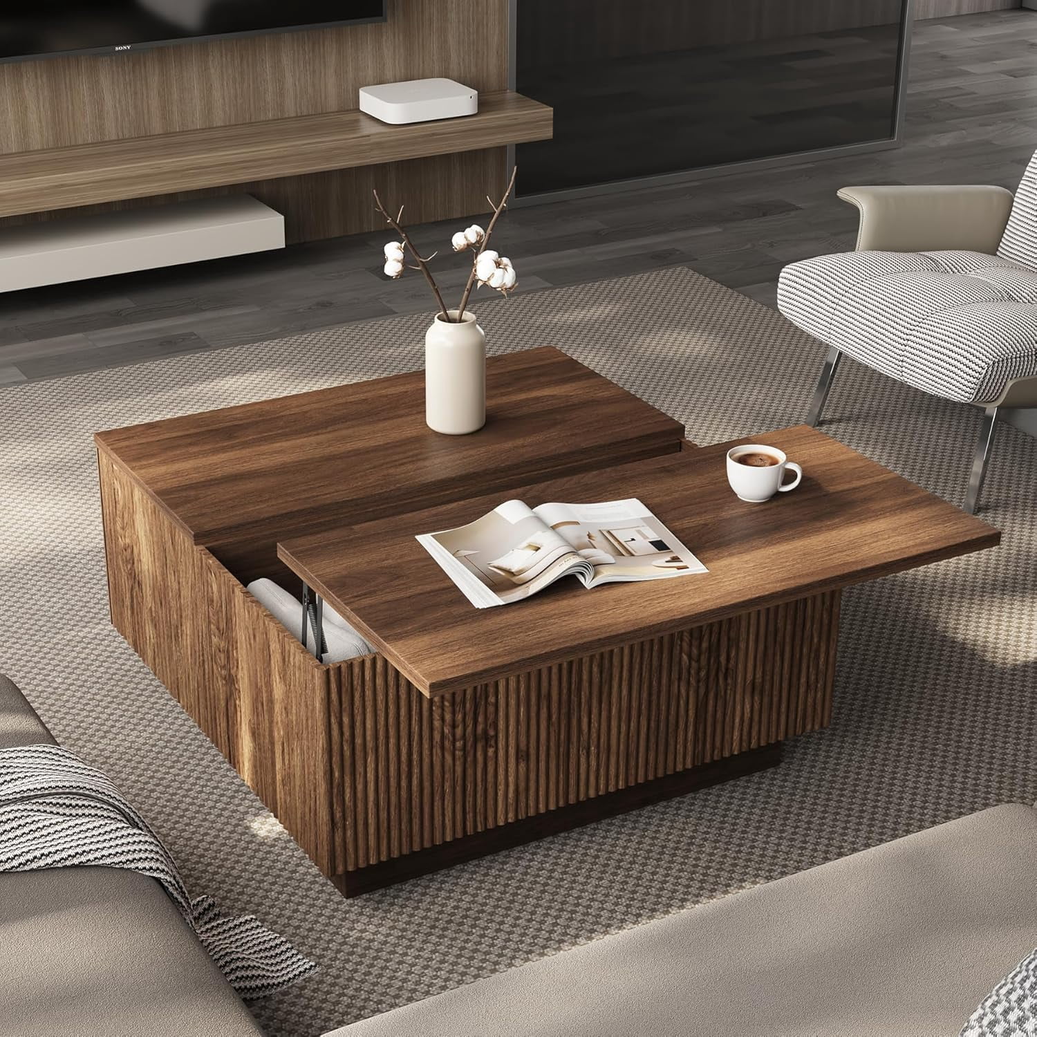 Lift Top  Wood Coffee Table with Hidden Storage Compartment for Living Room, 31-Inch Farmhouse Fluted Center Tea Table with Wooden Lift-Top for Home, Apartment, Small Space, Brown Walnut