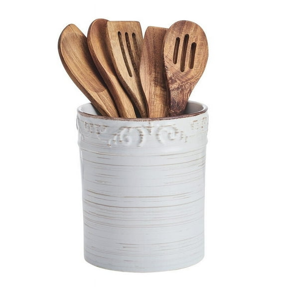 Pfaltzgraff Trellis Utensil Stoneware Crock with Tools White