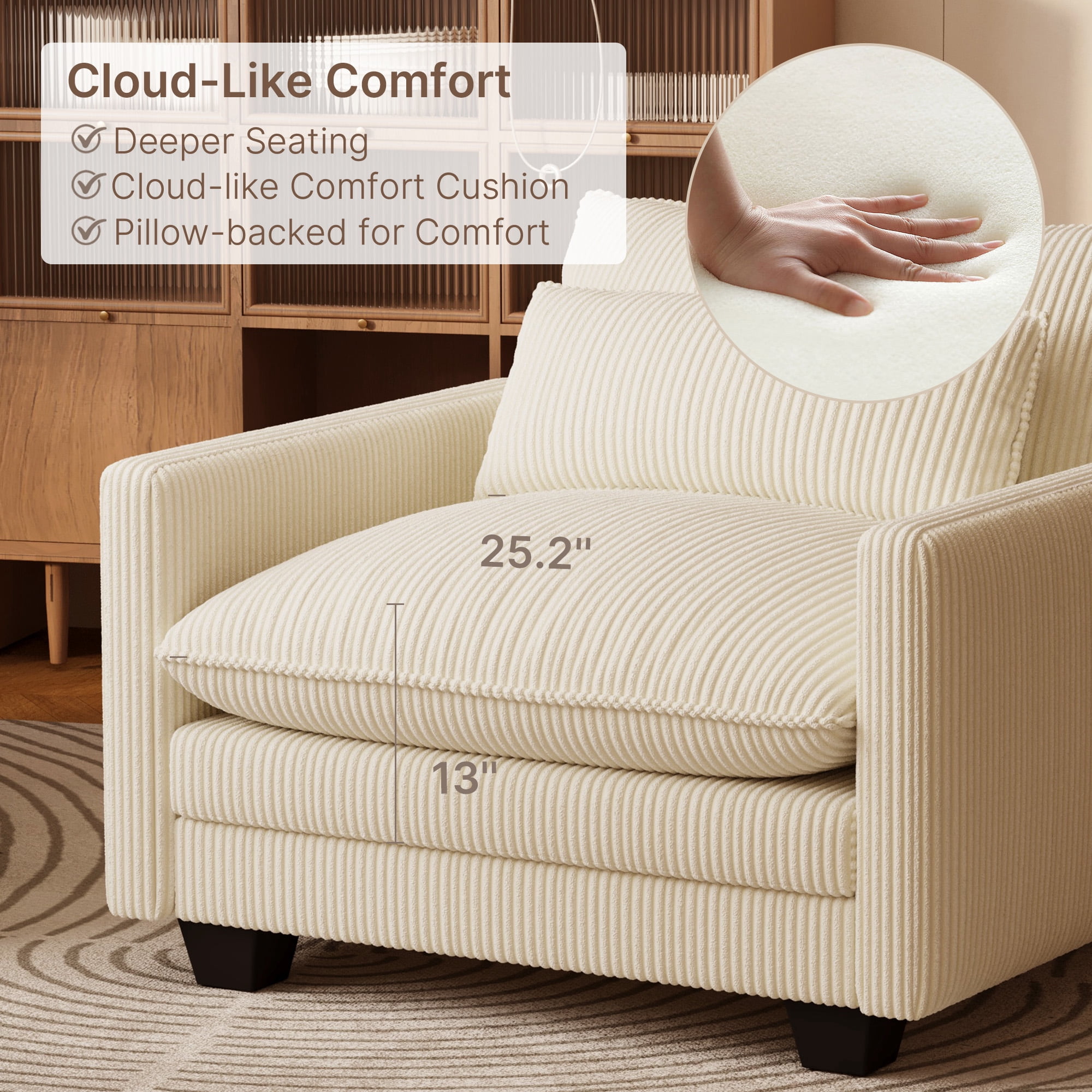 Oversized Single Sofa Chair with Pillow, Noelse Deep Seat Comfortable Cloud Accent Chair, Modern Corduroy Sofa Chair for Living Room Bedroom, Beige