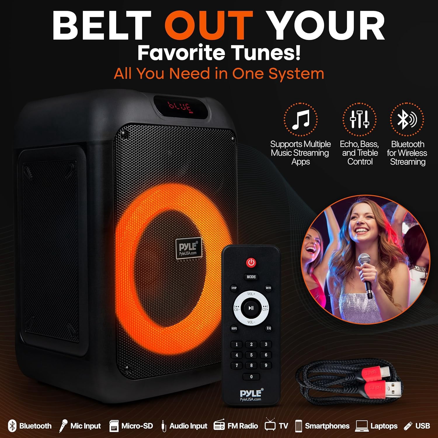 Pyle Portable Bluetooth Party Speaker, 8" Woofer, TWS, 100W, Rechargeable, Mic Input, Echo, Bass/Treble Control, USB/SD/BT/FM, LED Lights, Indoor/Outdoor