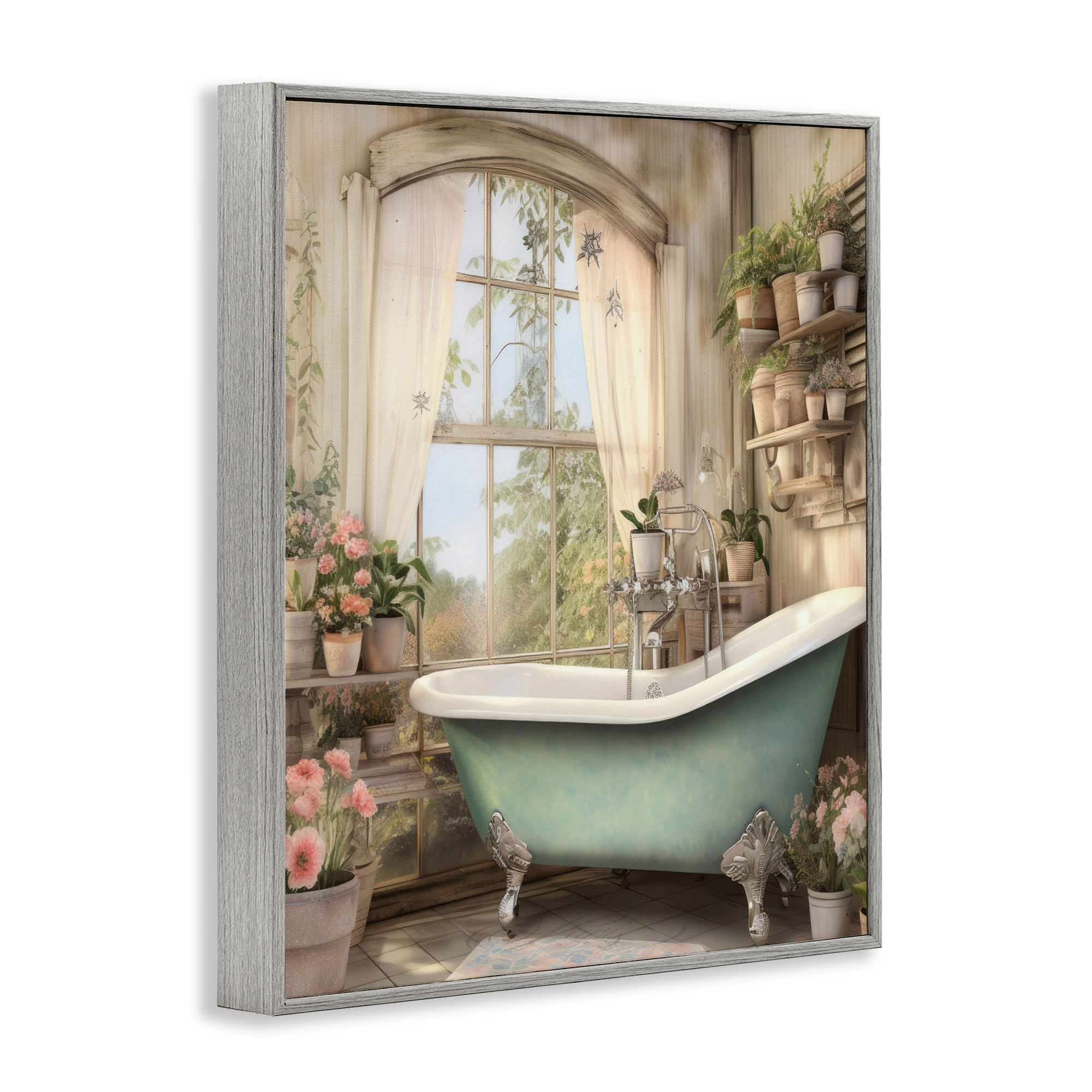 Bathroom with Floral Filled Shelves Gray Framed Giclee Art, design by Lettered and Lined
