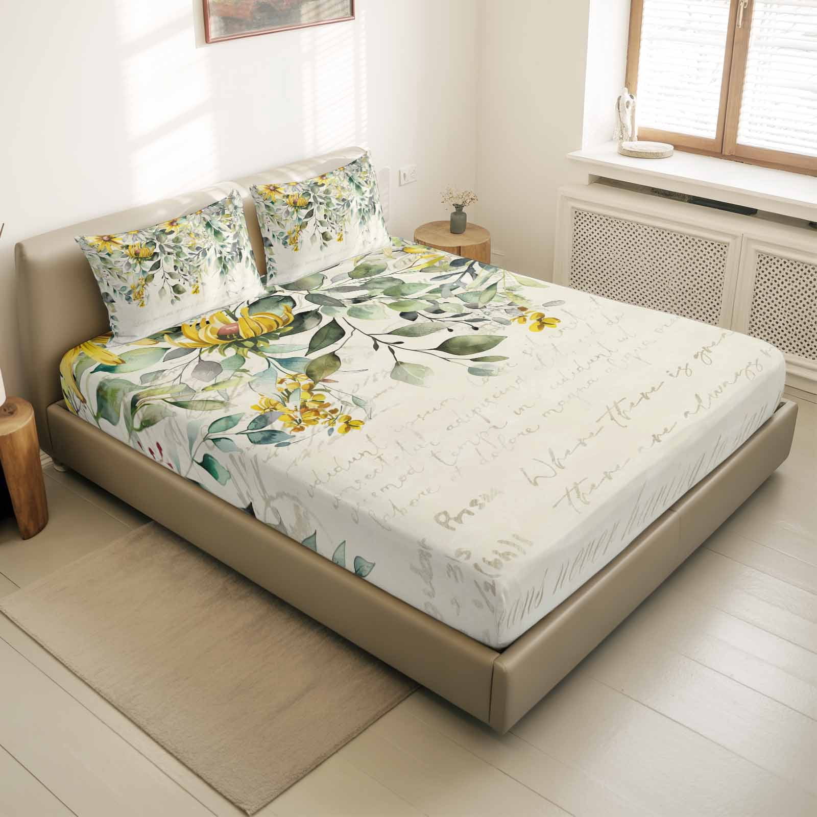 Queen Size Fitted Sheet Set - Green Eucalyptus Leaves 3 Piece Bedding Sets 16" Deep Pocket Fitted Sheet with 2 Pillowcases, Retro Rustic Botanical Floral Brushed Microfiber Hotel Luxury Bed Sheets