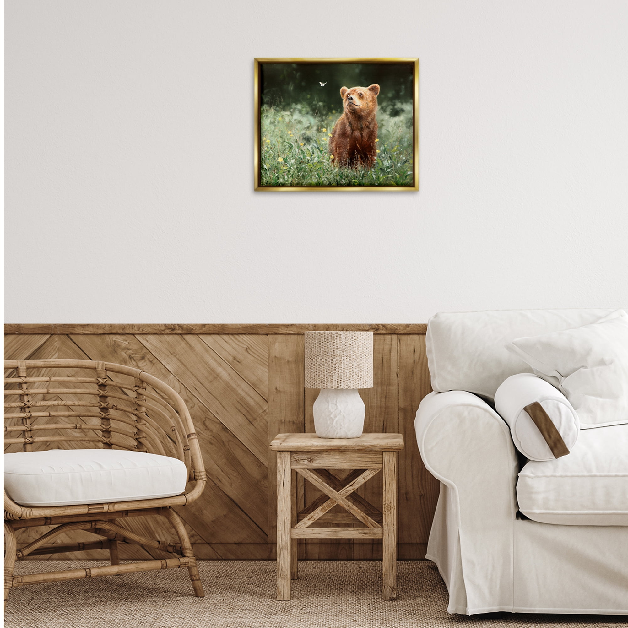 Stupell Industries Baby Bear & Butterfly Animals Painting Gold Floater Framed Canvas Art Print Wall Art, 21 x 17