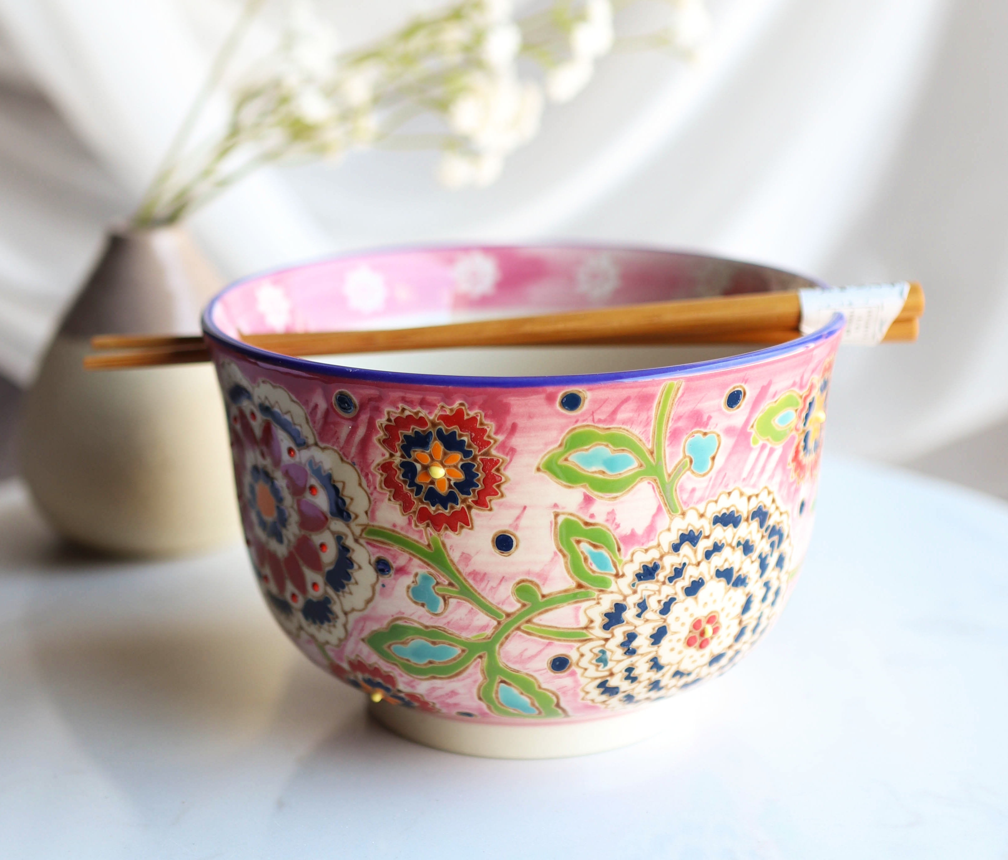 Floral Pink Polkadot Art Splash Ramen Noodles Soup Large 6'D Bowl W/ Chopsticks