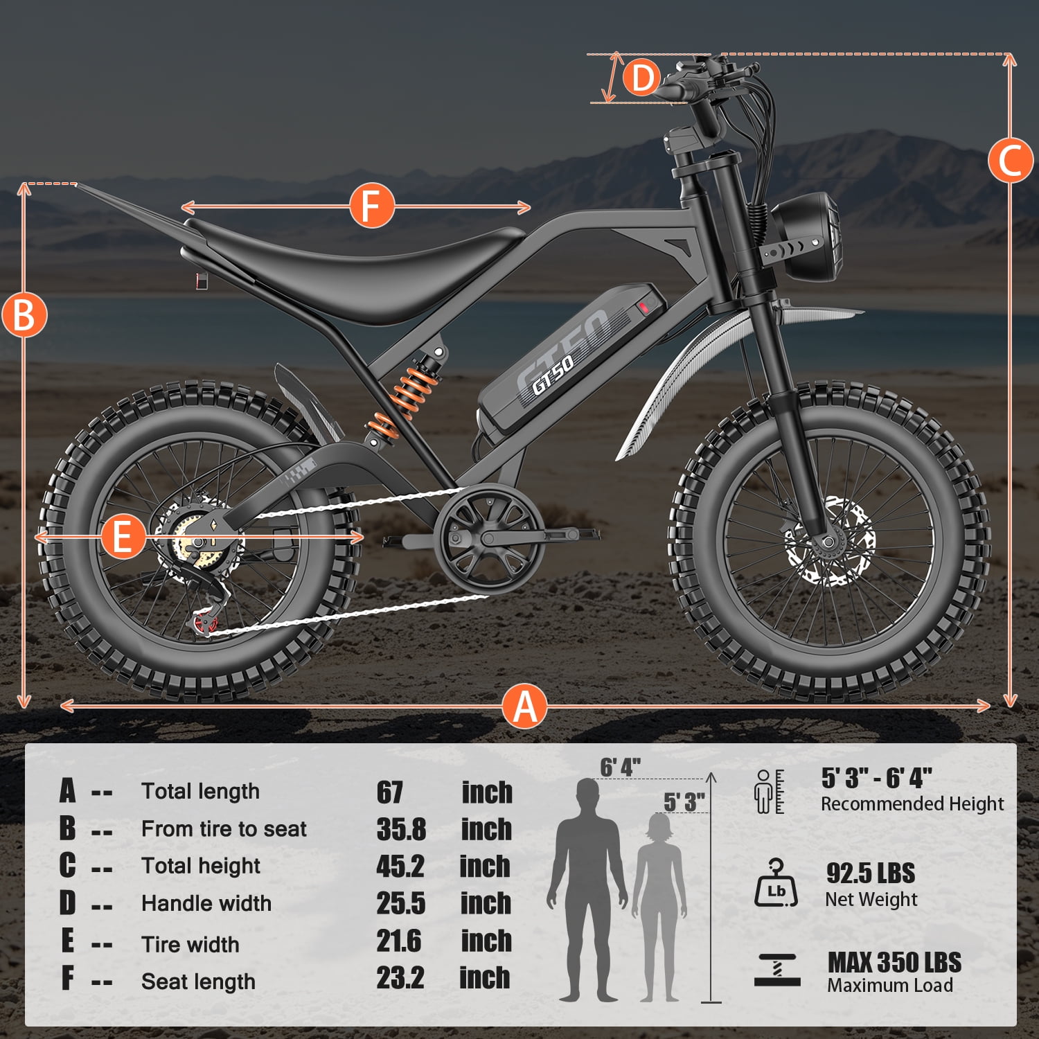 ASKGO GT50 Electric Bike for Adult,2500W Peak 65Miles Electric Mountain Bike,48V 25AH Off-road E Bike,37MPH Electric Motorcycle,20*4" Fat Tire,LED Headlights & Brake lights,Snow/Beach UL2849