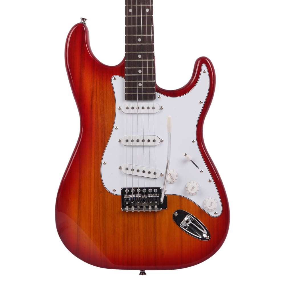 Sunset Red Guitar Rosewood Fingerboard, Basswood Body Cutaway Design with Tremolo Arm, Gig Bag & Accessories for Stage & Studio