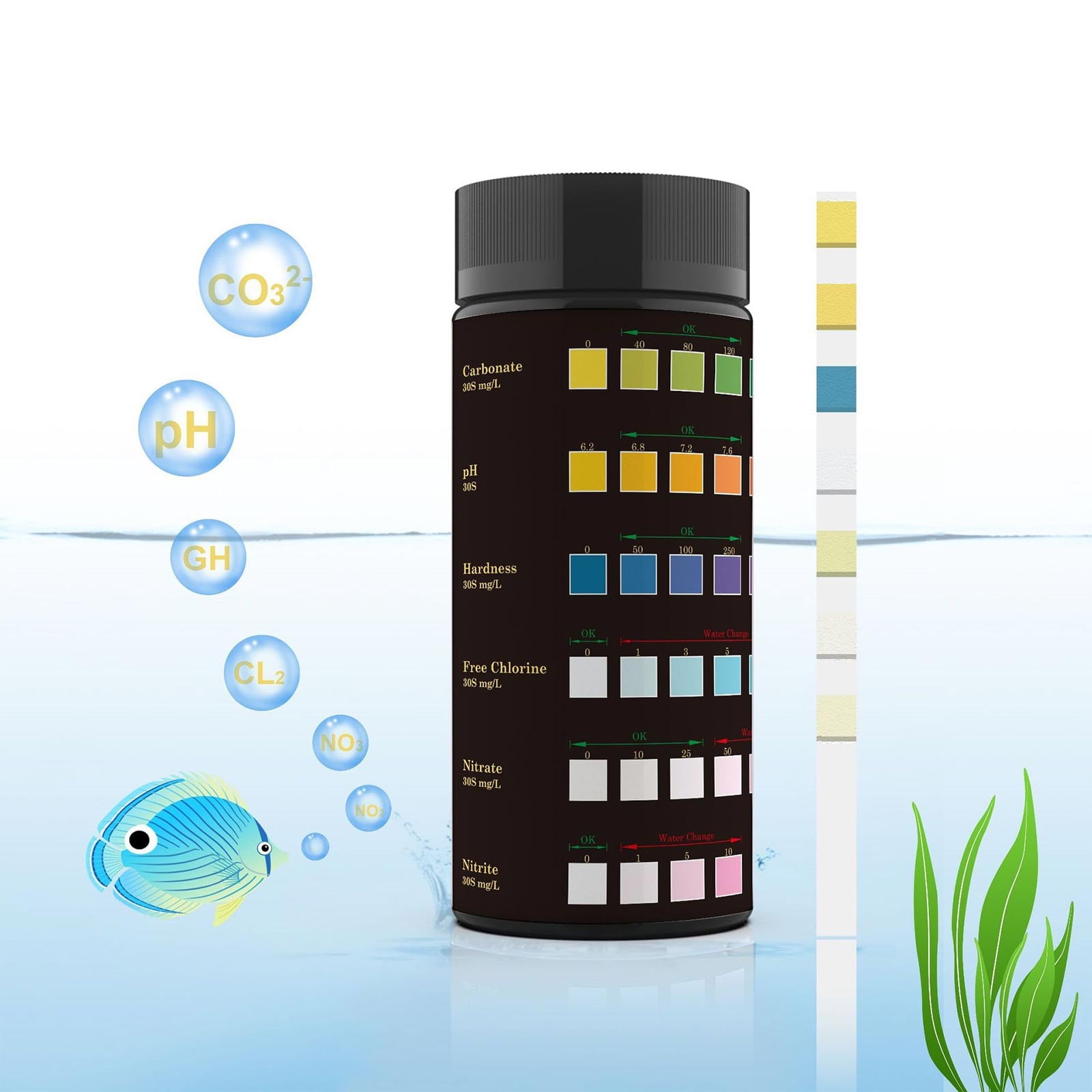 6-in-1 Water Quality Test Strips 100 Pcs, Aquarium Fish Tank Pond Swimming Pool Drinking Water pH KH GH Chlorine Nitrate Nitrite Testing Kit, Fast Accurate Results