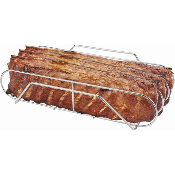 Extra Long Stainless Steel Rib Rack for Smoking and Grilling, Holds up to 3 Full Racks of Ribs, Fits 18”