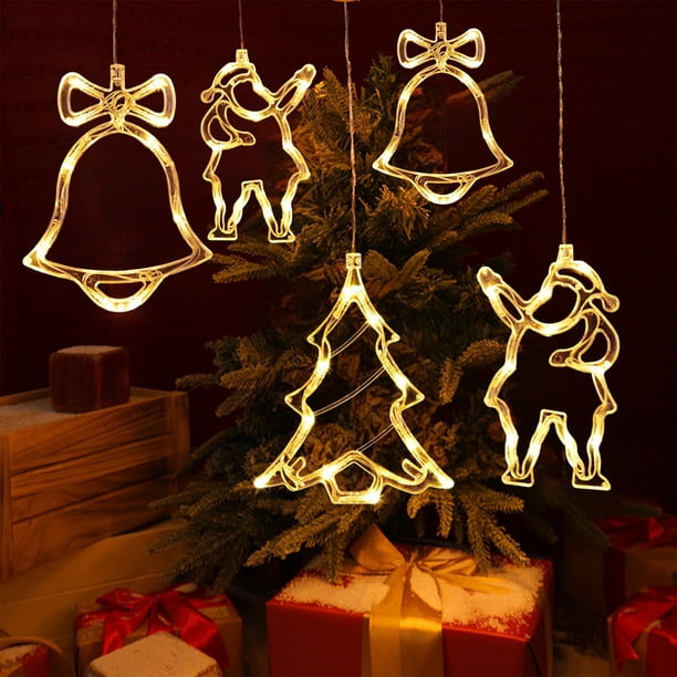Luz de decoración de ventana LED de Navidad | Gancho de ventosa | Adorno de Navidad Blanco Cálido Alimentado por Batería | Diseño de árbol de muñeco de nieve con copo de nieve | Pantalla de puerta