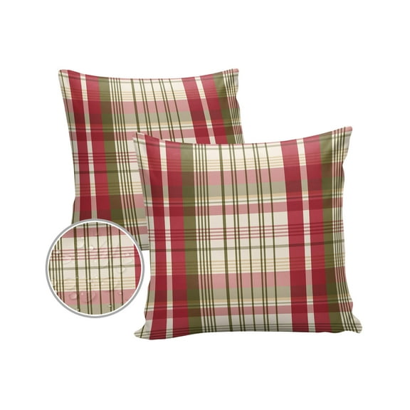Pack of 2 Outdoor Pillow Covers, Fall Sage Green Red Pink Check Plaid Waterproof Square Throw Pillowcase Cushion Decorative Pillow Covers for Couch Patio Tent, 18x18 in