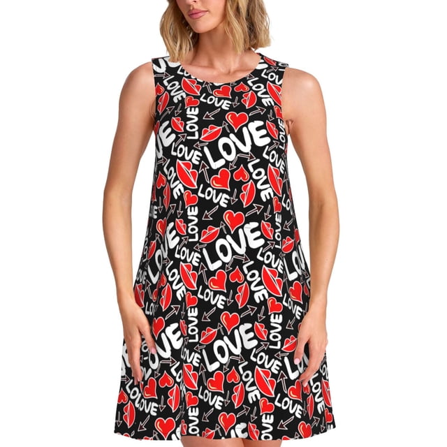 Fotbe Graffiti Valentine Day Vestido de Verano sin Mangas para Mujer – Vestido Midi Línea A, Estilo Camiseta Floral, Vestido Playero Casual y Fluido