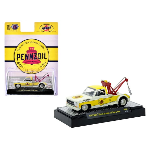 975 GMC Sierra Grande 15 Tow Truck "Pennzoil" Off White and Yellow Limited Edition 1/64 Diecast Model Car by M2 Machines
