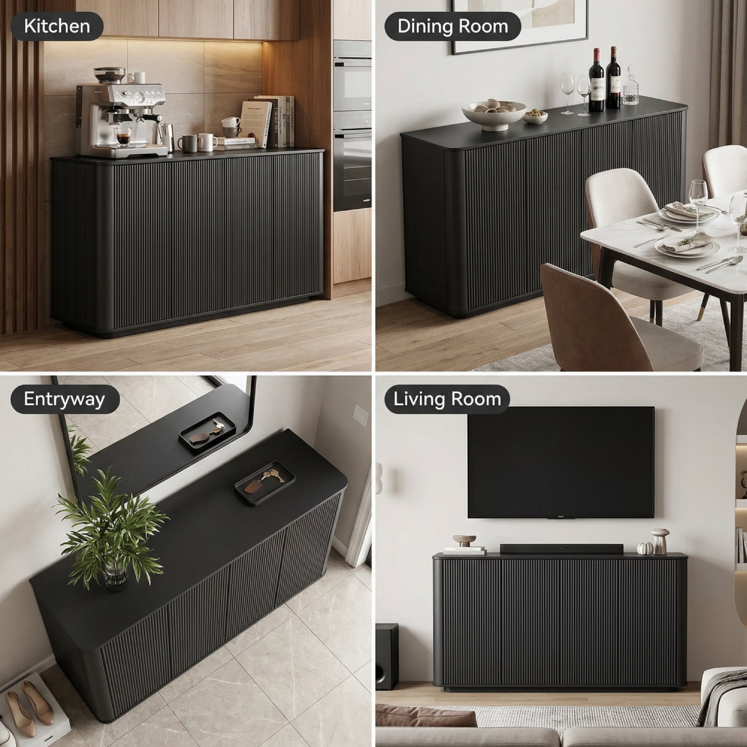 MARNUR Sideboard Buffet Cabinet, Storage Cabinet 55"W with Adjustable Shelves, Anti-Tip, Easy Clean Top, Stylish Wave Style, Black